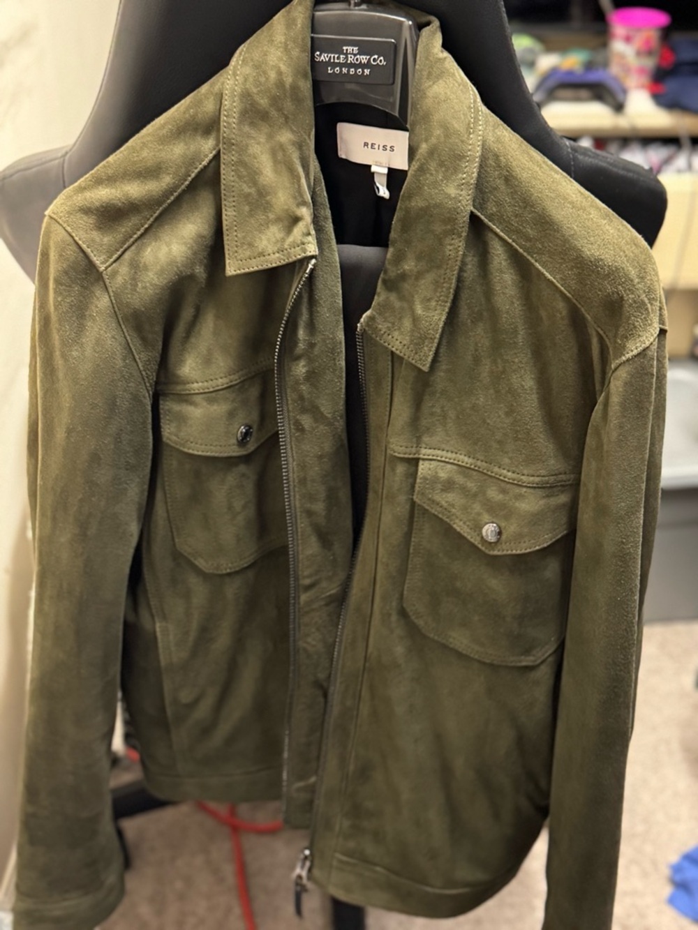 Reiss Olive Green Suede Shirt Jacket